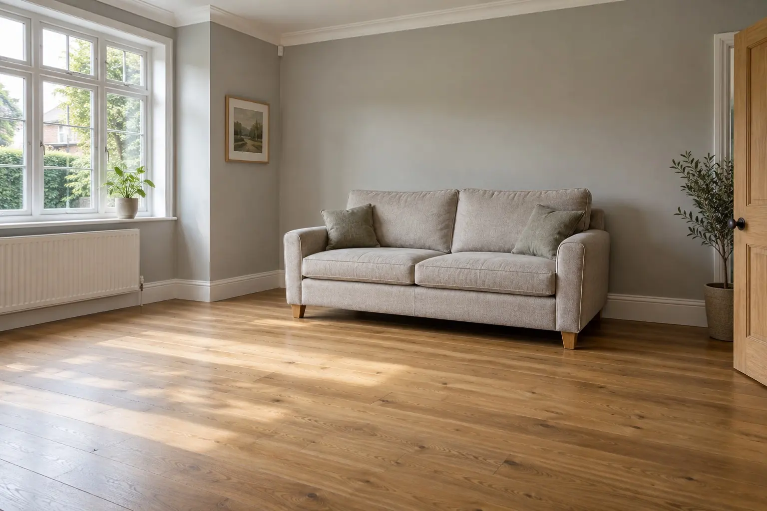 Living room with a sofa and open floor space