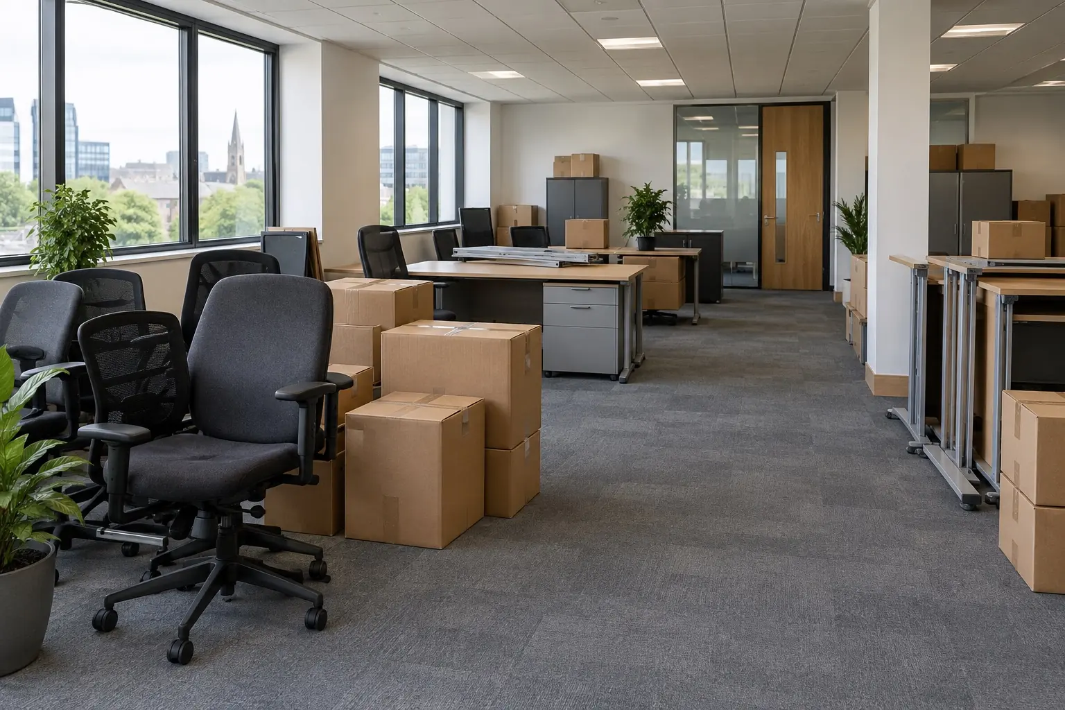 Office furniture and boxes grouped for clearance