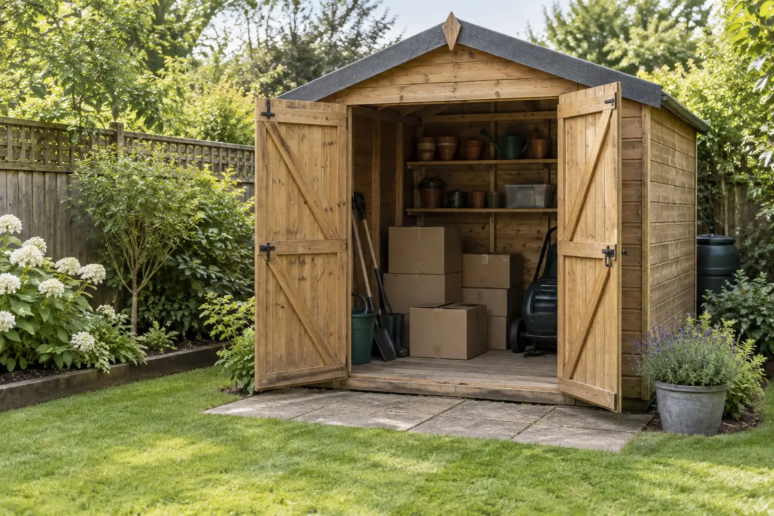 Timber garden shed and storage contents