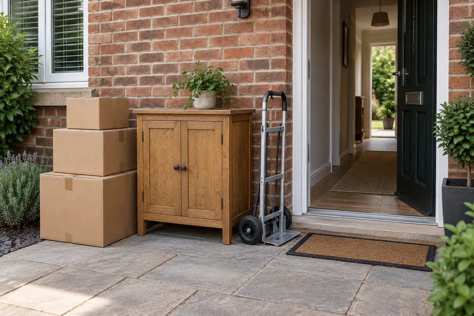 Moving boxes, sideboard and trolley at a doorway