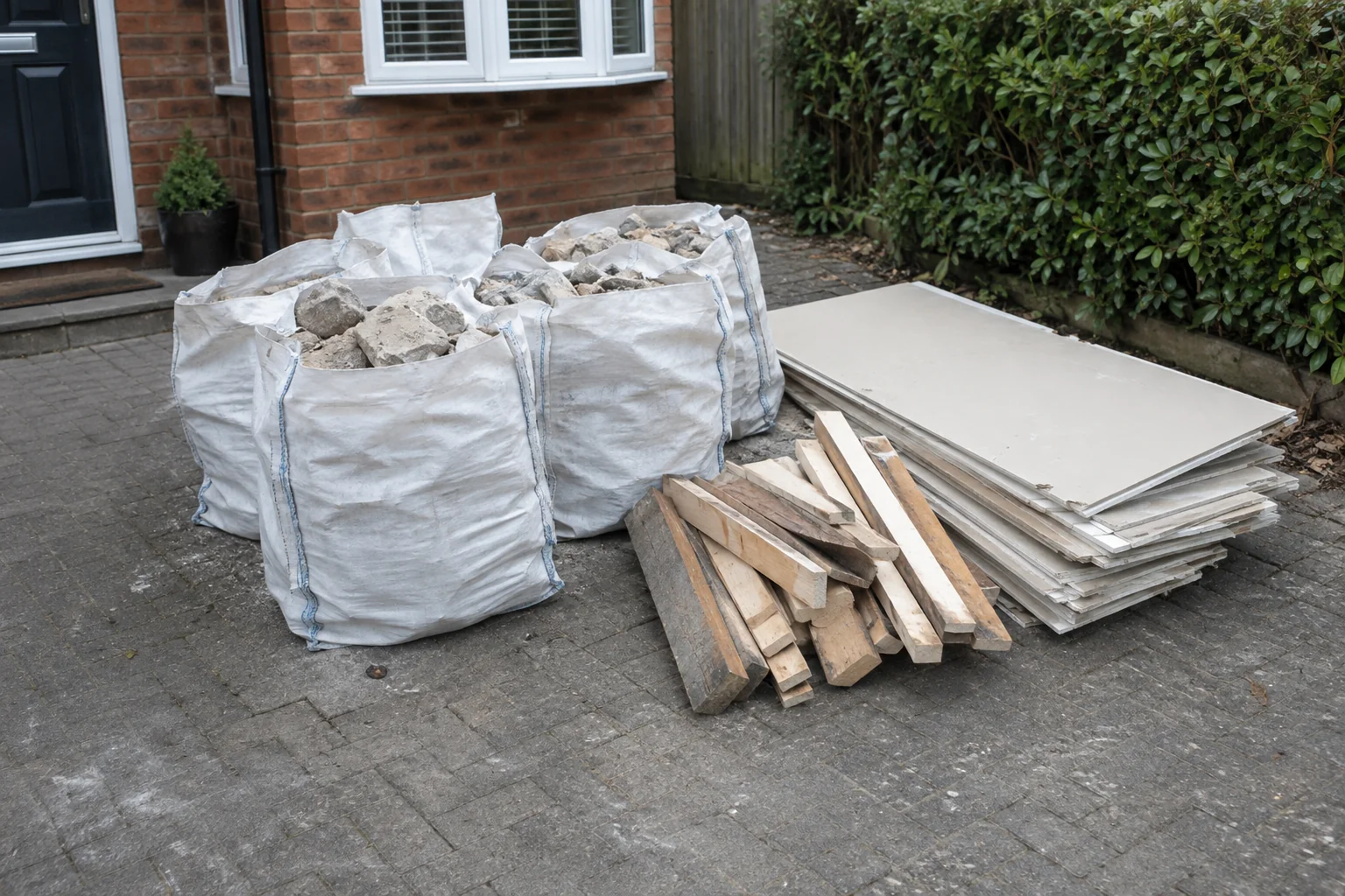 Renovation waste separated into rubble bags, timber and plasterboard