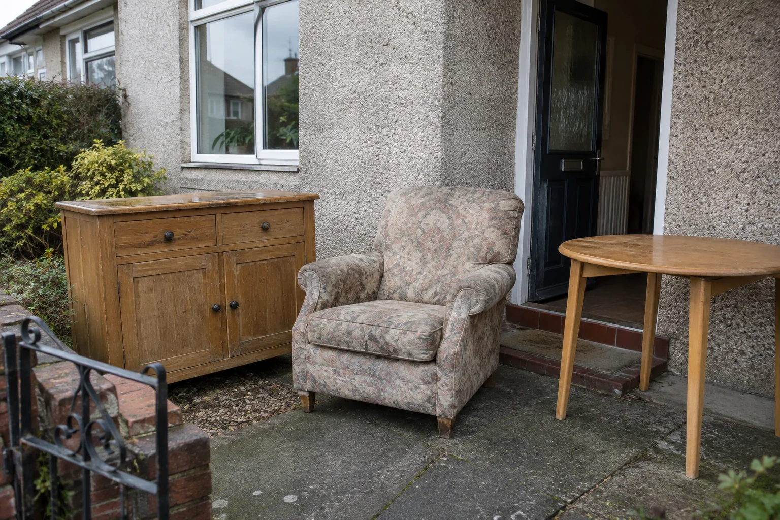 Worn sideboard, chair and table beside a household doorway