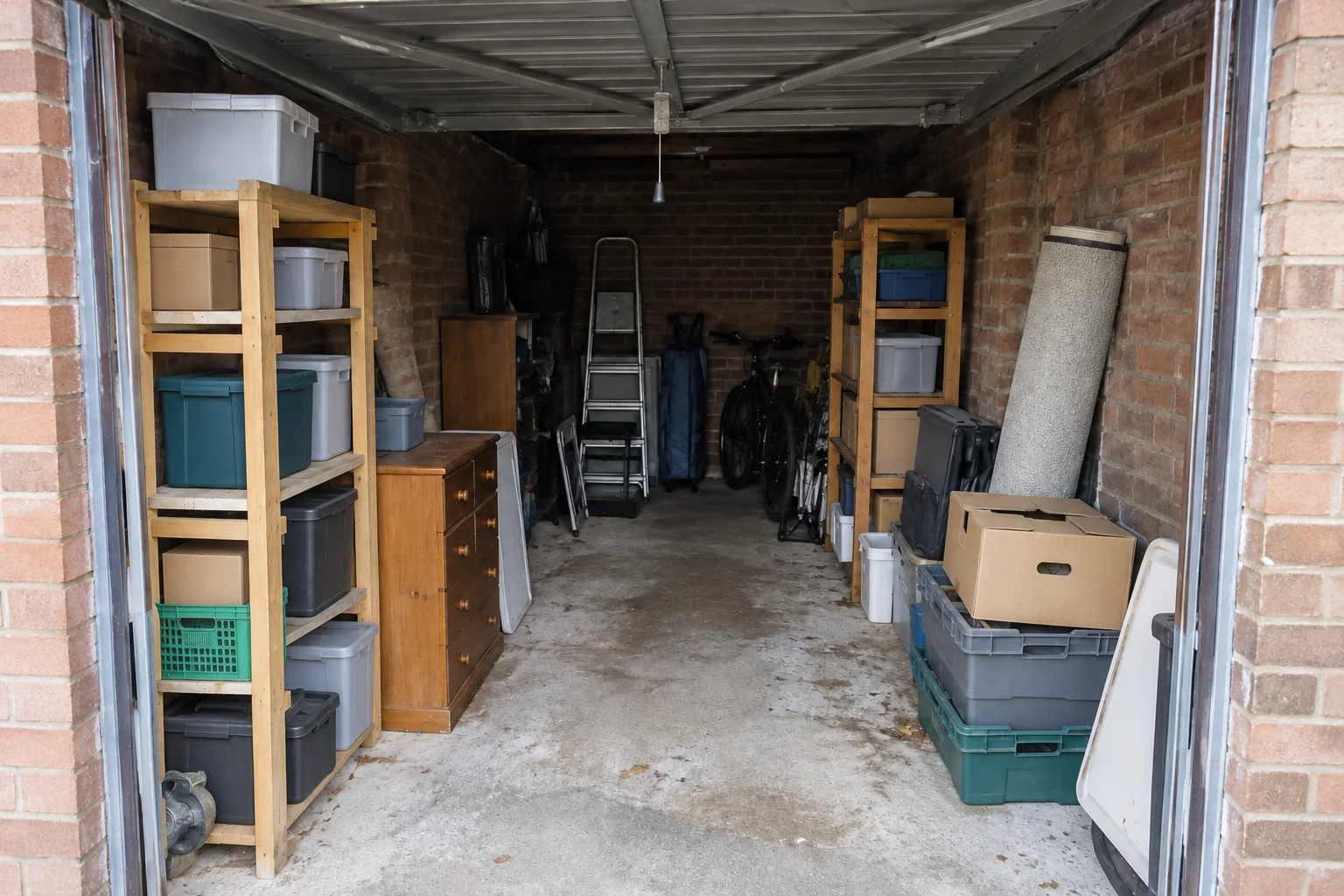 Single garage with household storage and a clear carrying route