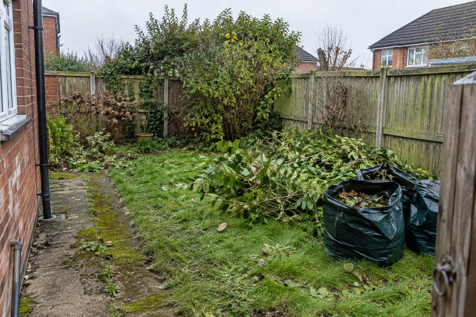 Garden branches and bagged cuttings beside a timber fence