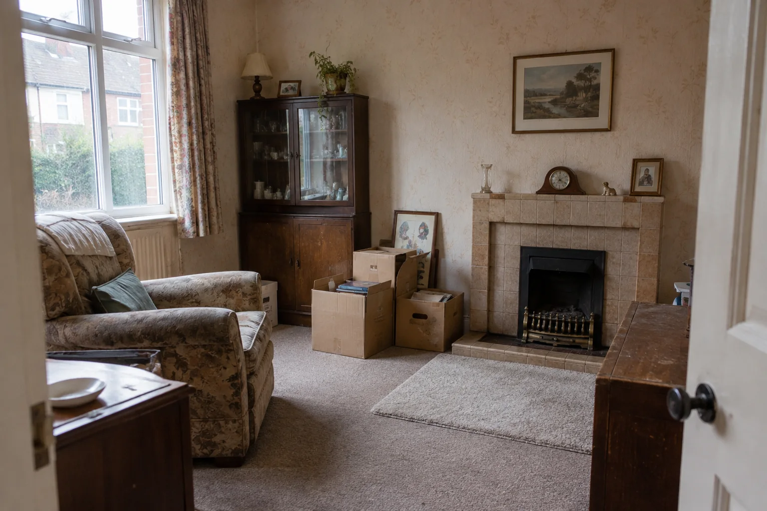 Lived-in British home with furniture and boxes awaiting clearance