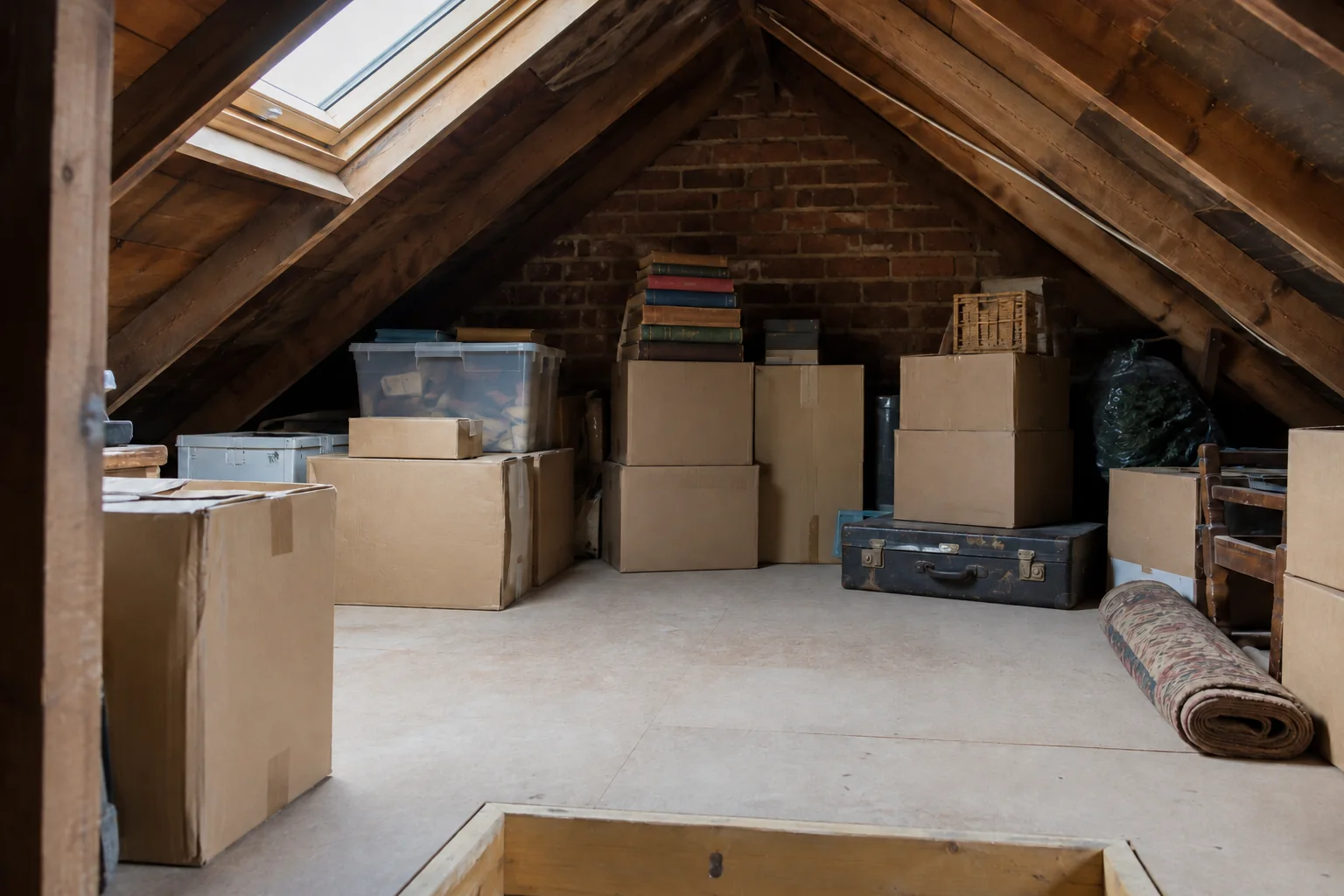 Household boxes and books stored under timber loft rafters