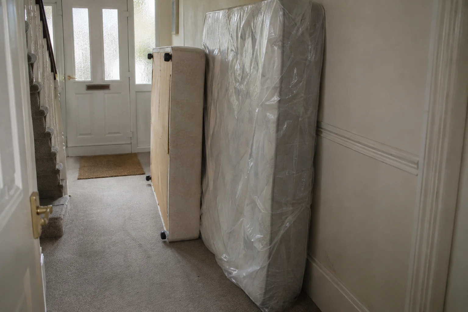 Wrapped mattress and divan beside a hallway