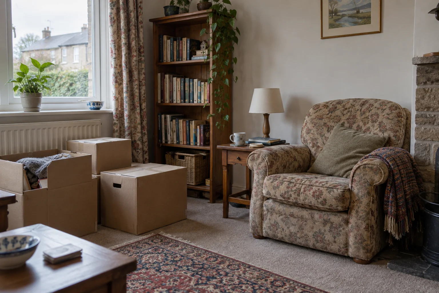 Older home with books and small pieces of furniture