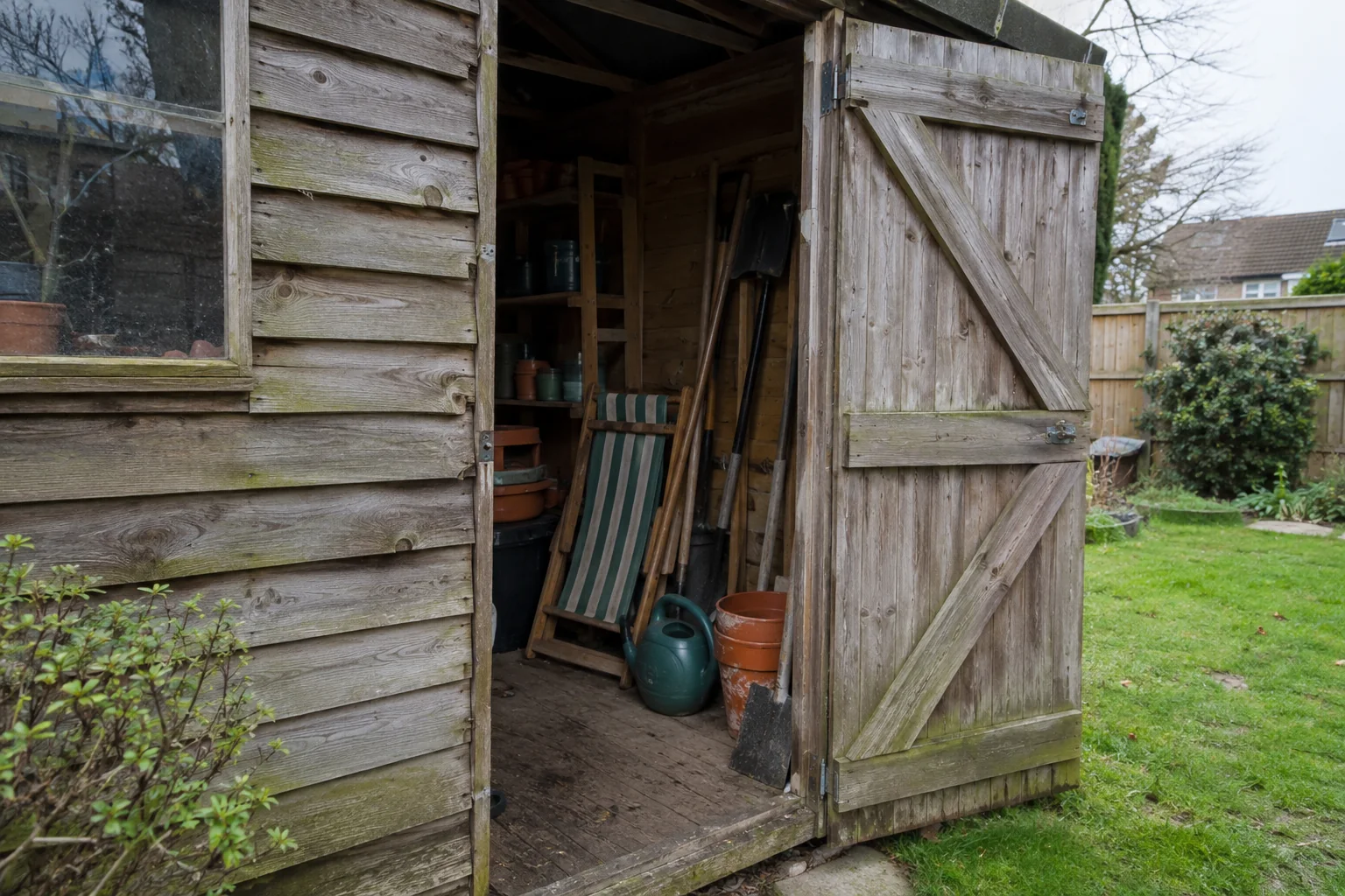 Weathered timber shed with garden tools and old pots