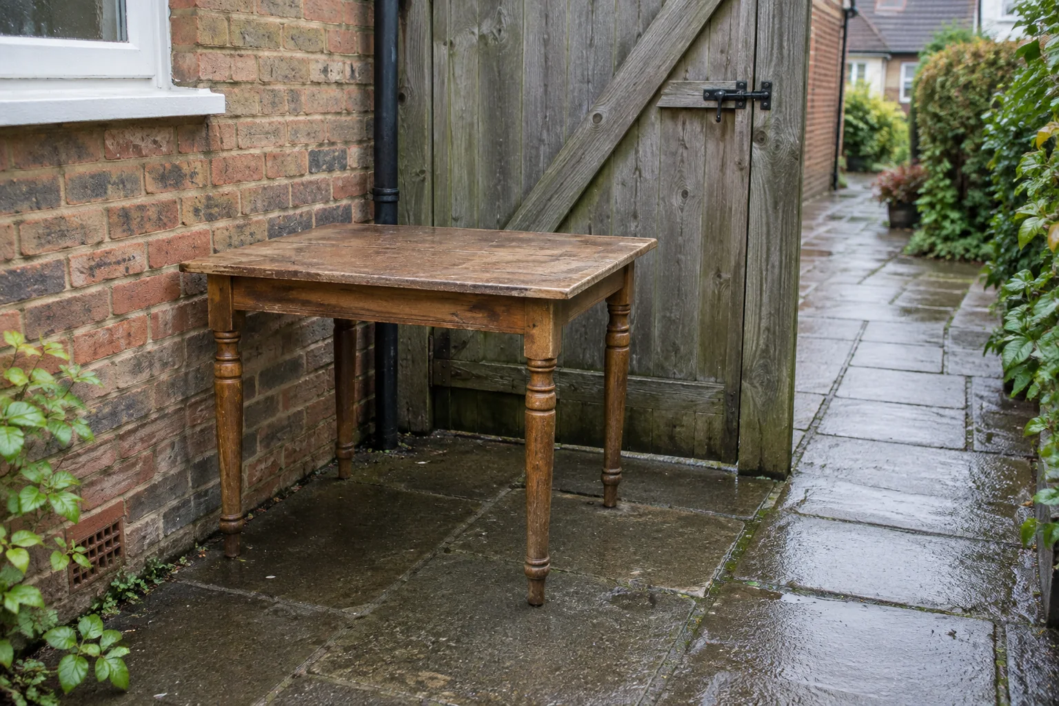 Small dining table waiting beside a garden gate