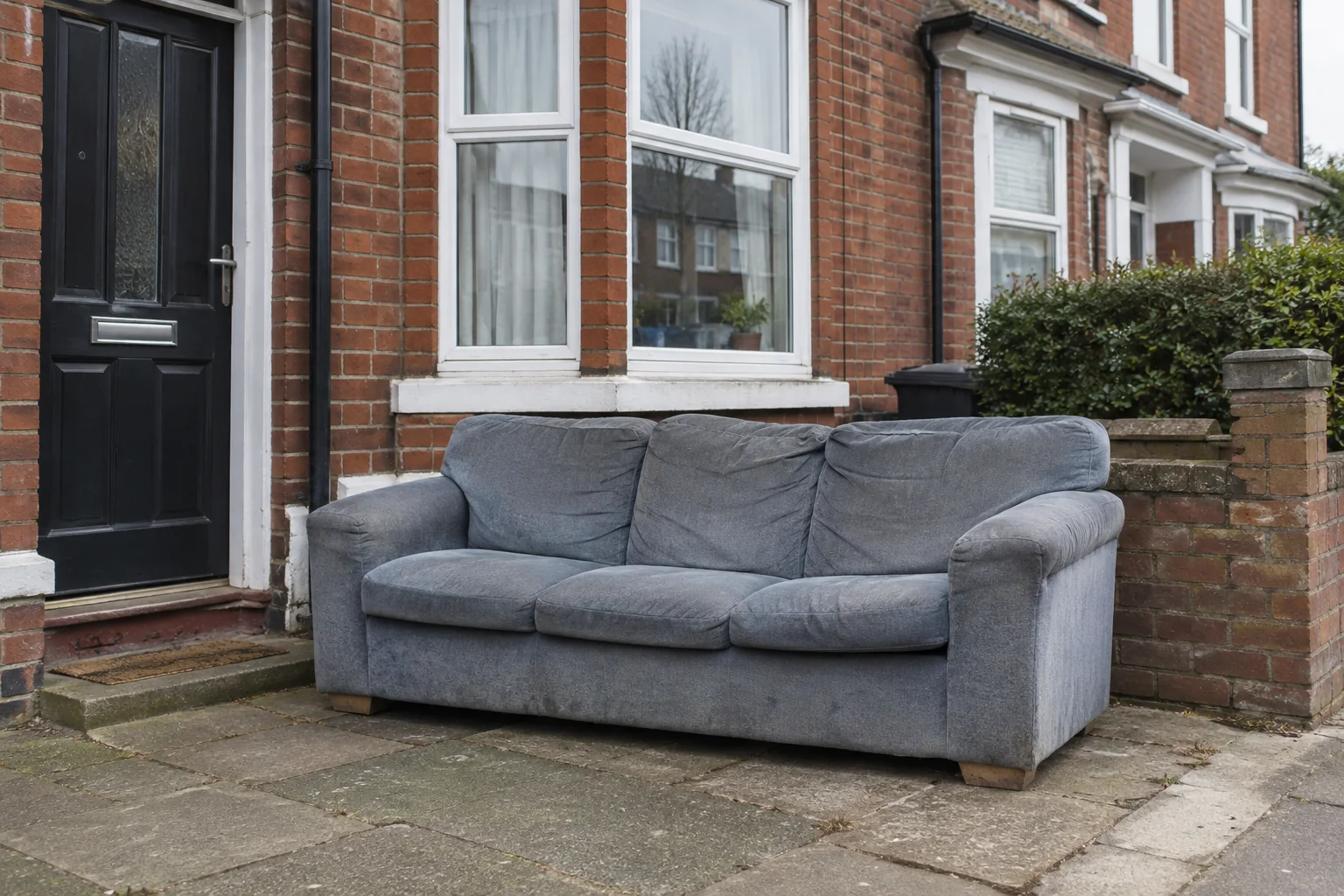Fabric sofa outside a red-brick terrace awaiting collection