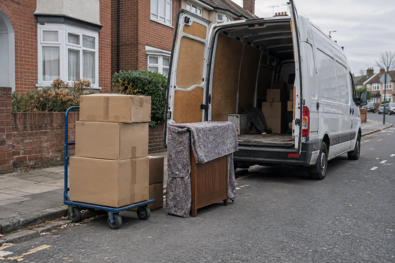 Trolley, boxes and protected furniture beside an unbranded panel van