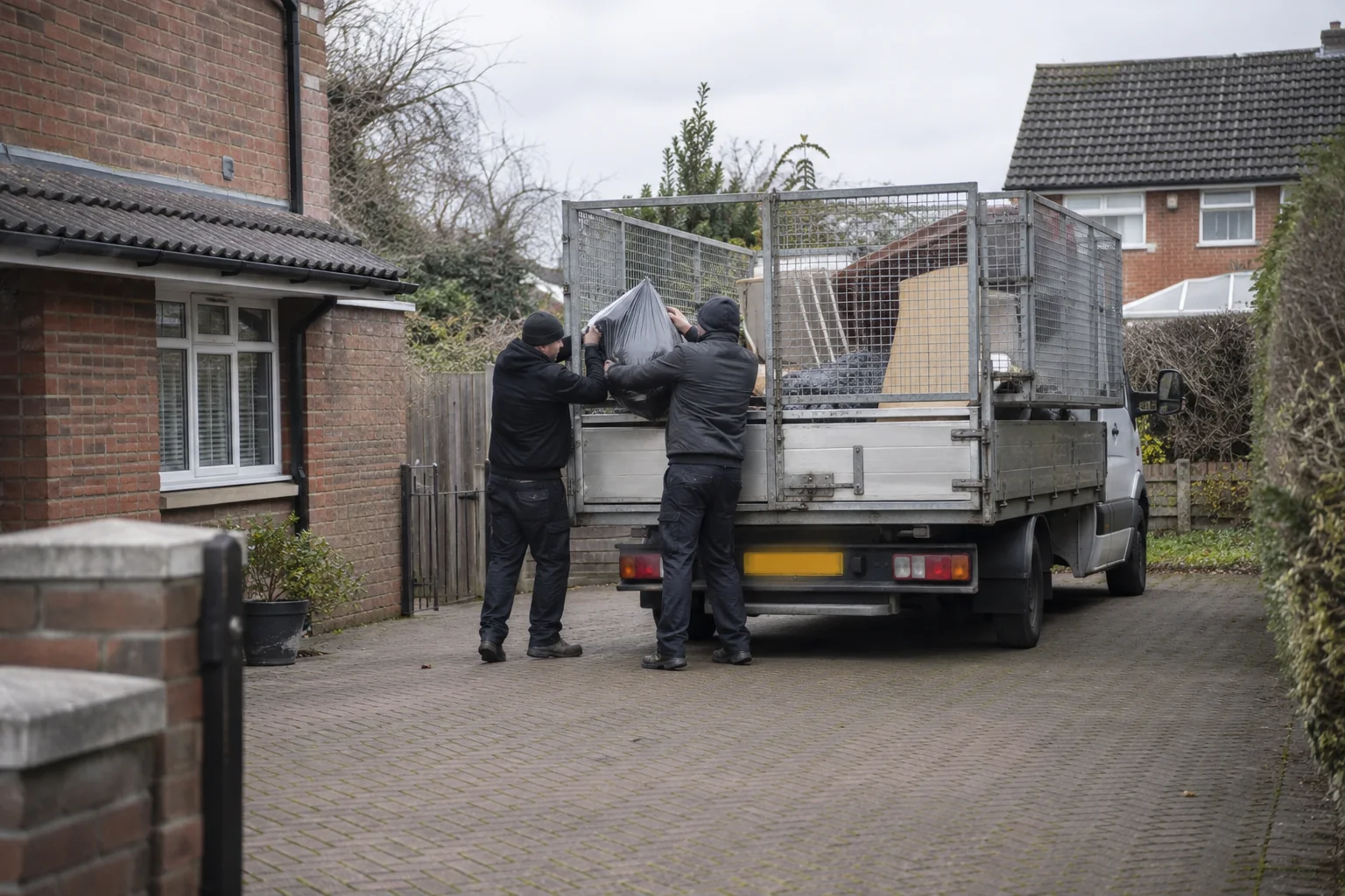 Unbranded cage tipper and workers loading bagged household waste